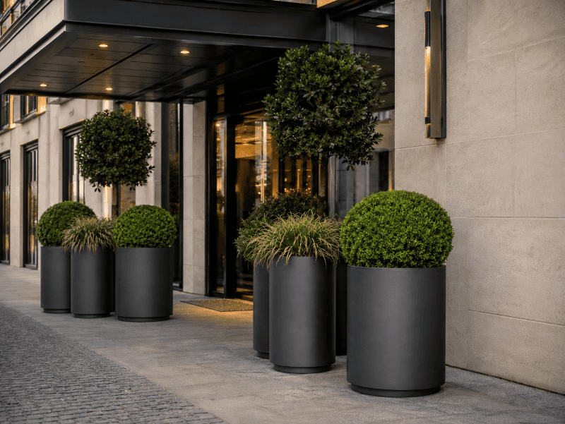 Pflanzgefäße edel bepflanzt vor einem Hotel