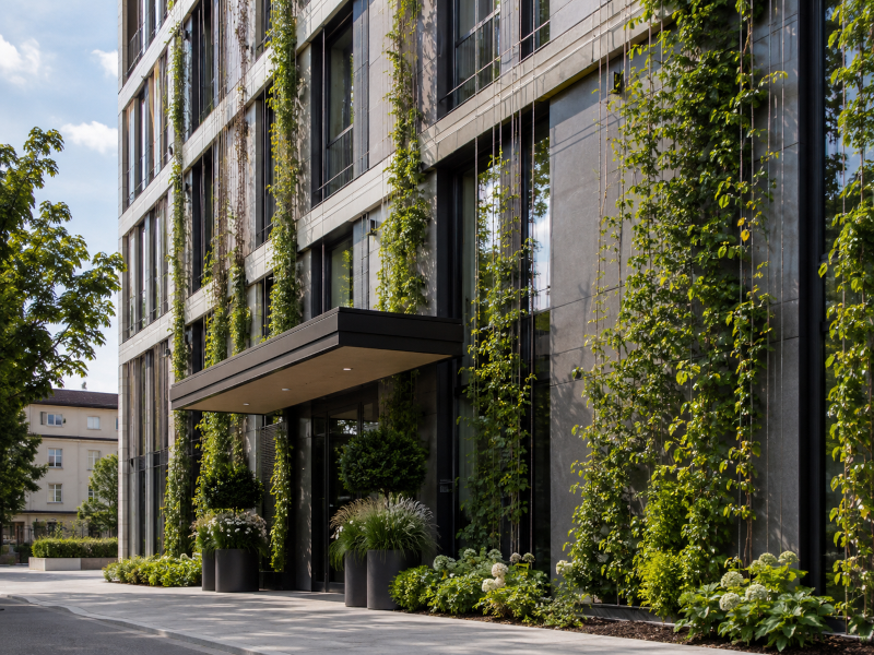 Moderne Fassadenbegrünung an einem urbanen Gebäude